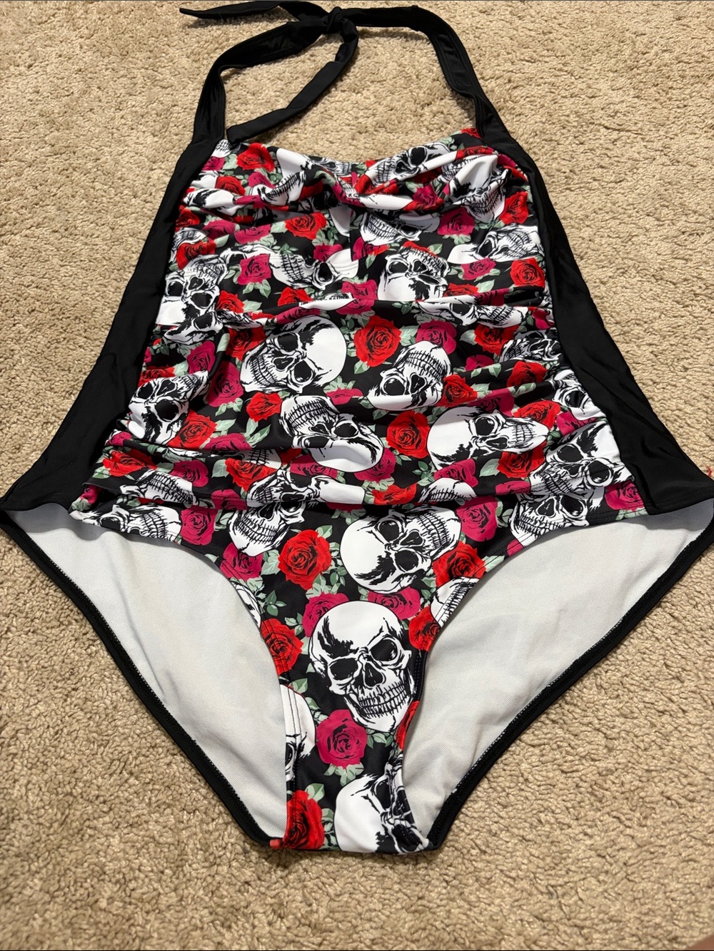 Rosegal Skull & Roses One Piece Swimsuit Halter Size 1X